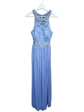 BCX Dress Beaded Embellished Lace Bodice Halter Maxi Dress Periwinkle Blue Sz 9